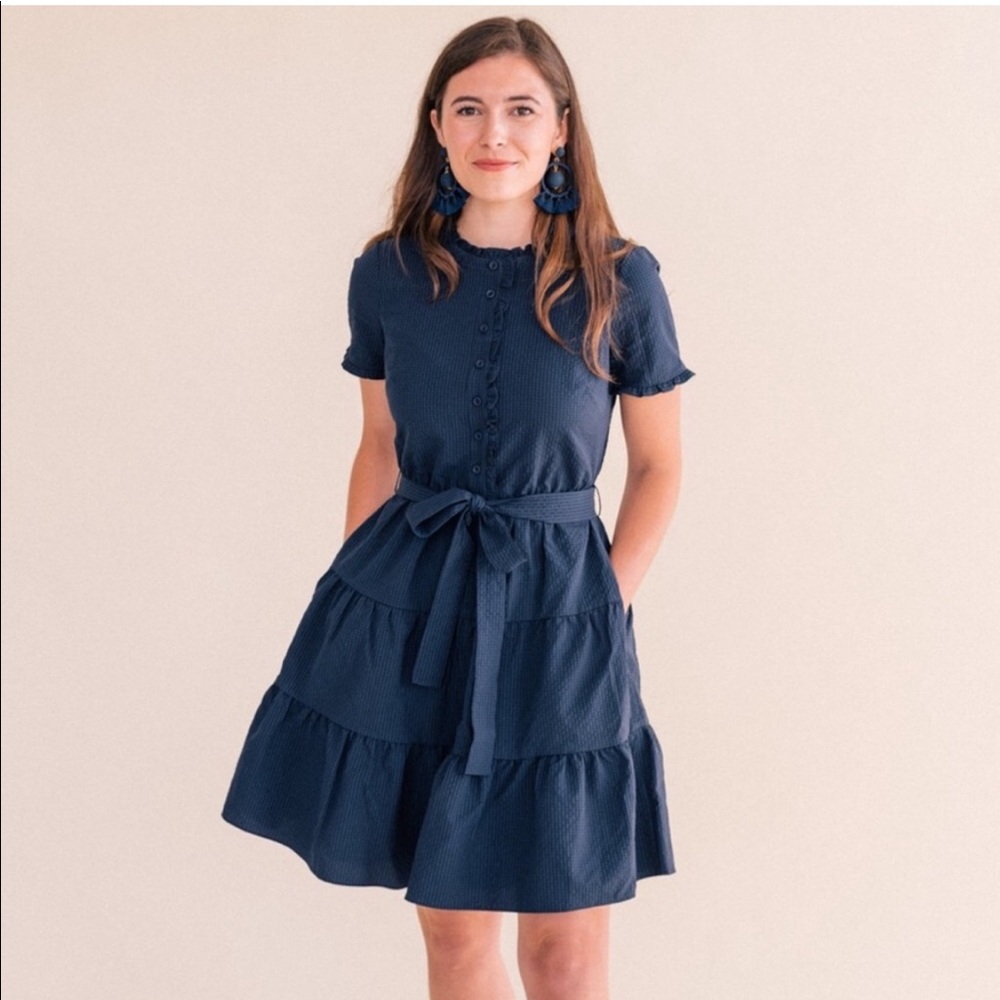Gal Meets Glam Navy Tiered Midi Dress with Belt